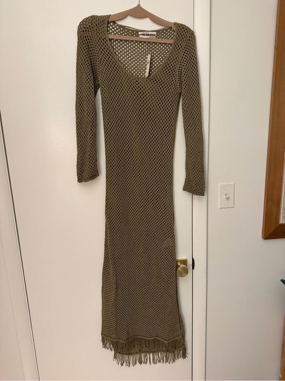 Anthropologie Olive Open-Knit Fringe Maxi Dress